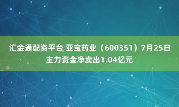 汇金通配资平台 亚宝药业（600351）7月25日主力资金净卖出1.04亿元